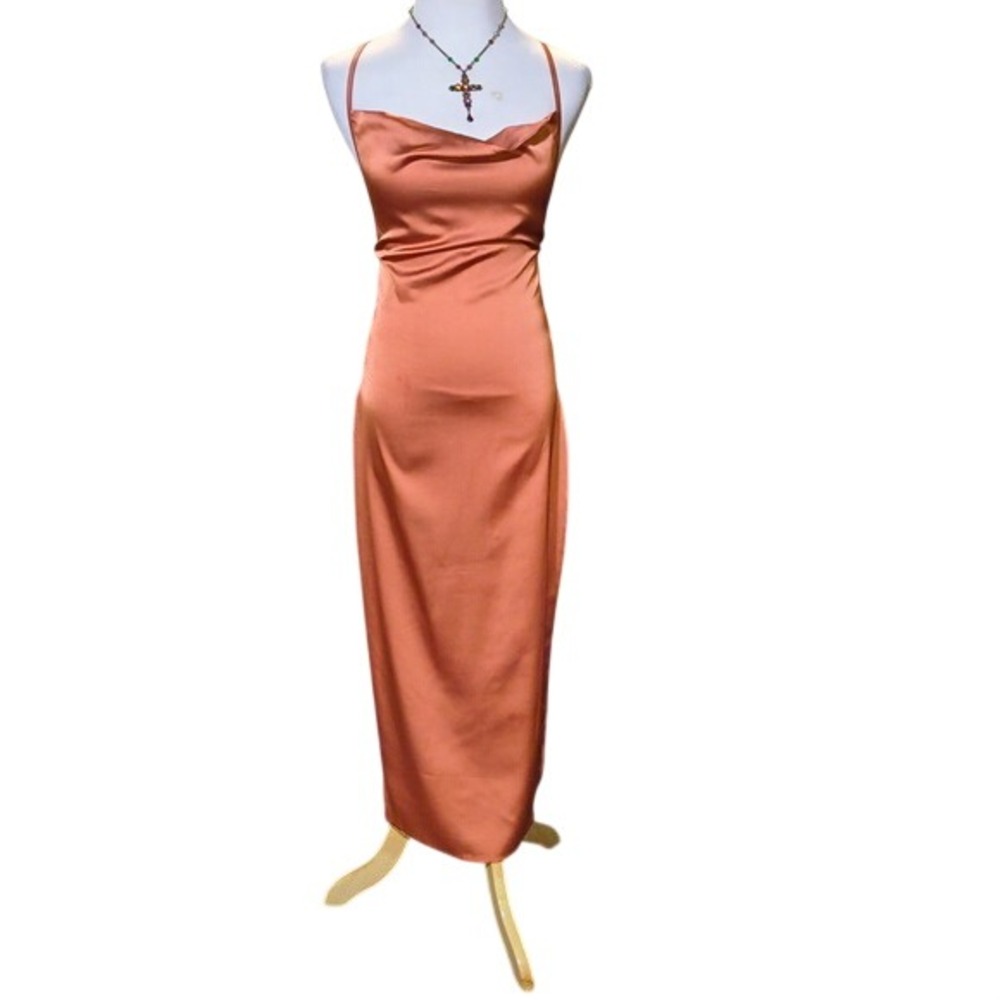 PrettyLittleThing Rust Satin Cowl Neck Lace Up Back Midi Dress US 6 NEW - Picture 6 of 16